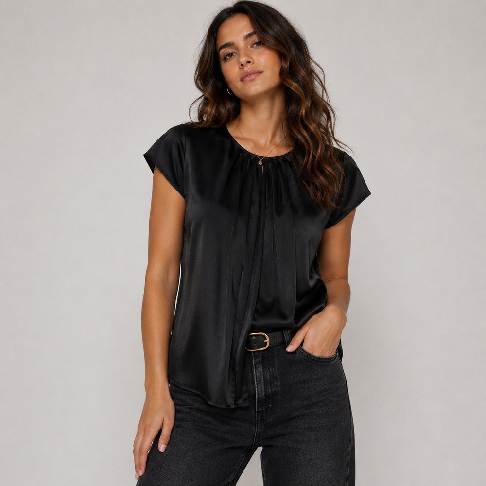 Vince Silk Top Womens Large Black Shirred Detailed Cap Sleeve Blouse